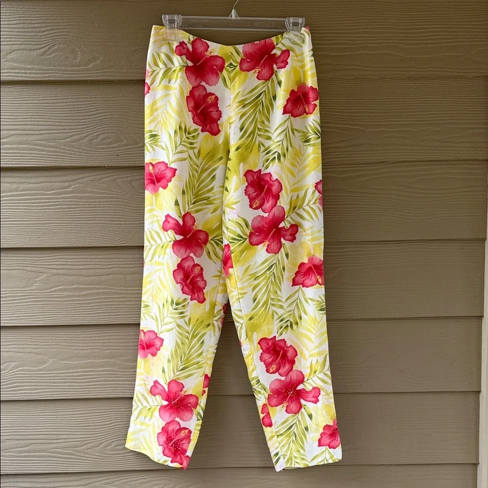 BetU 100% SILK Yellow Pink Floral Beaded Lined Tropical Summer Pants Size 4 - Picture 2 of 10